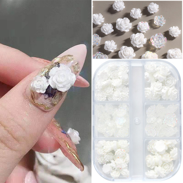 3d Flower Nail Charms White Camellia Resin Nail Parts Holographic Aurora  Rhinestones Rose Design Japanese Style Manicure Fbsch - Rhinestones &  Decorations - AliExpress
